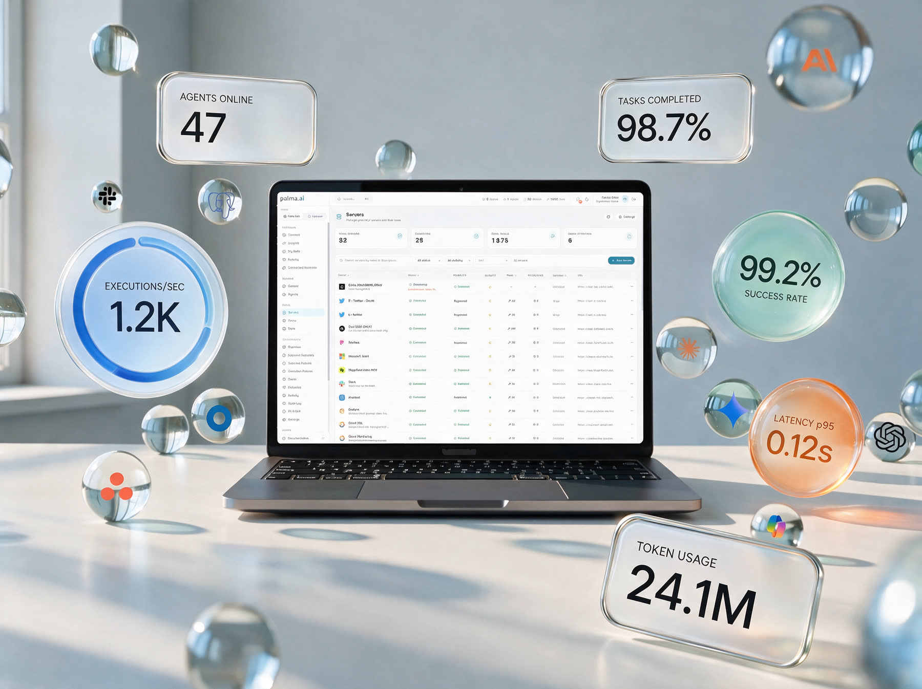 The Palma console showing connected MCP servers, surrounded by live agent metrics