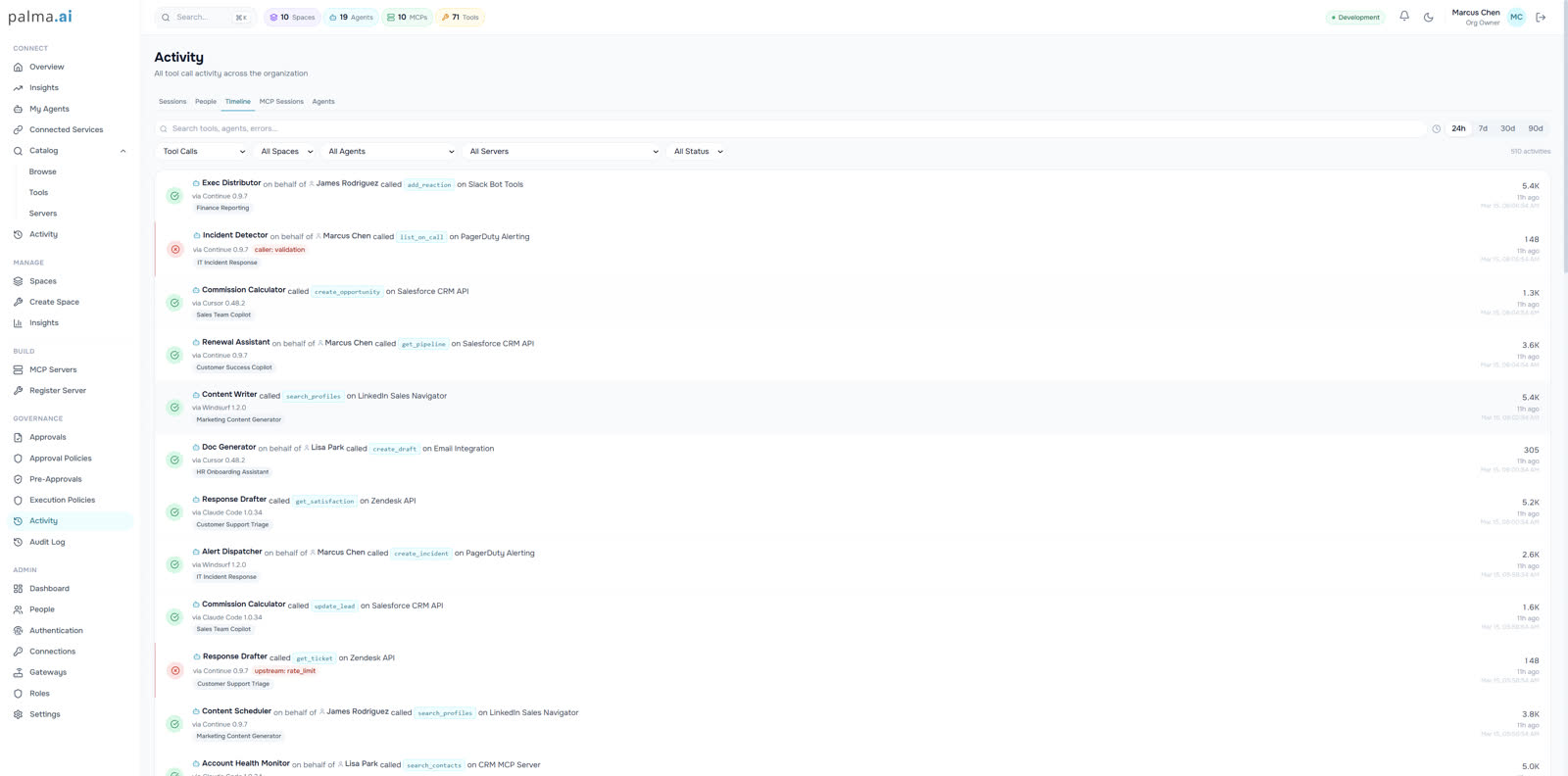 Palma activity timeline showing attributed tool calls across agents, servers and clients